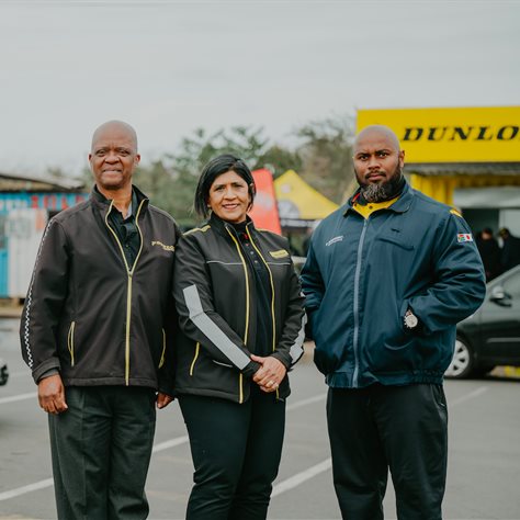 The team that brought Dunlop’s latest Business-in-a-Box success story to life, from left, Hennel Nkonjela, key accounts manager, Enterprise Development at Sumitomo Rubber South Africa, Daisy Govender, co-owner of Simunye Tyres and owner of Dunlop Zone Ballito Tyre Track, and member of the Dolphin Coast Taxi Association, Malusi Khuzwayo