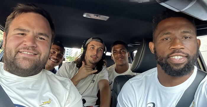 Image supplied: Springbok teammates Frans Malherbe, Damian Willemse, Canan Moodie, and Siya Kolisi are joined by The Kiffness in the Green Mamba, the Bok team’s official Toyota Hilux