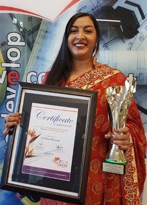 In 2018, UKZN academic Prof Nishani Harinarain was awarded the Certificate of Achievement for Excellence in Engineering and Technology in Academia: Teaching and Learning, from Women in Engineering and the Built Environment (WiEBE) in partnership with the Department of Public Works, the University of Johannesburg and construction company Group Five. Source: