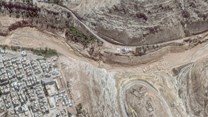 A satellite image shows lower dam on Wadi in the aftermath of the floods in Derna, Libya 13 September 2023. Maxar Technologies/Reuters