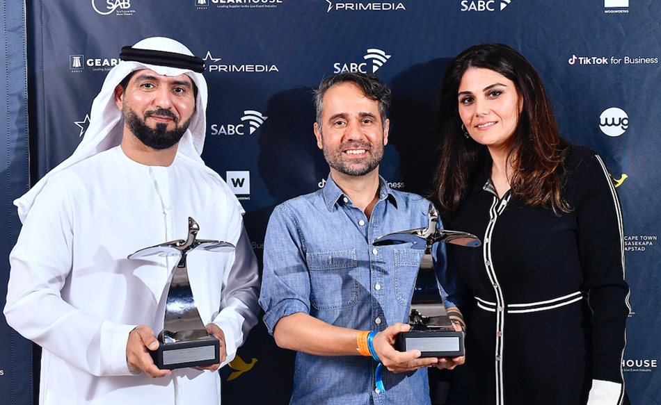 Khaled Alshehni (Marketing Leadership and Innovation Award winner) and Impact BBDO UAE and AnNahar Newspaper (Grand Prix winner) during day one of the 2023 Loeries Awards. Image credit: Ashley Vlotman/Gallo Images