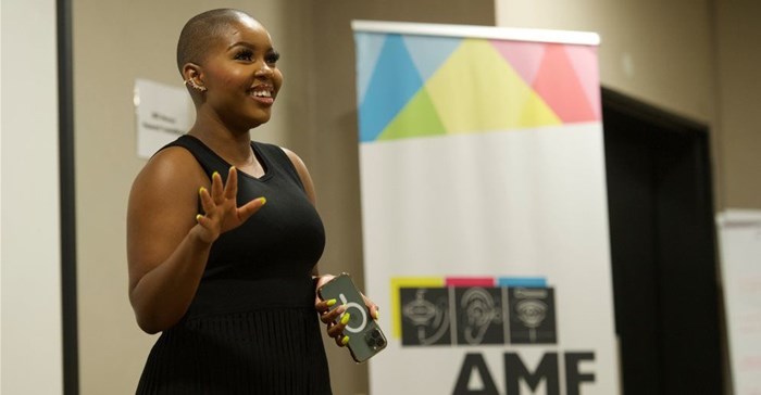 Image supplied. the host of 94.7’s Night Pulse, Bolele Polisa speaking at the AMF Project Mentor