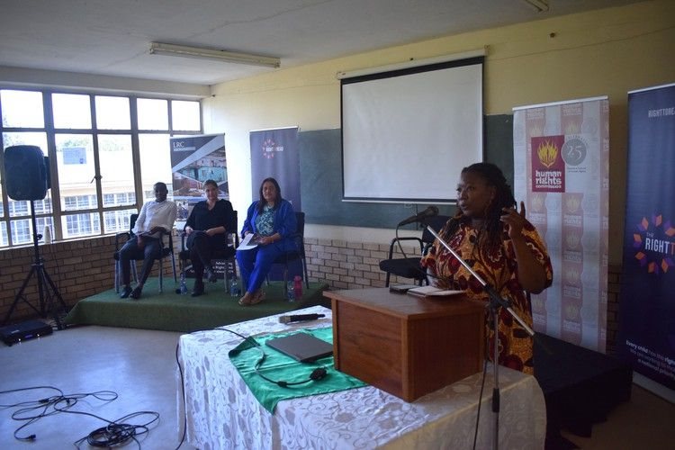 George Dickerson Primary teacher Tabisa Booi spoke at the launch of the Right to Read Campaign in Makhanda, Eastern Cape, on Thursday. Photo: Lucas Nowicki
