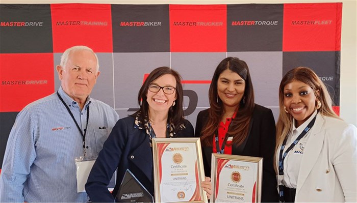 From left to right: MasterDrive’s Eugene Herbert, Carli Venter (Unitrans), Nishani Chetty (MasterDrive) and Michelin’s Gomolemo Kutlwana