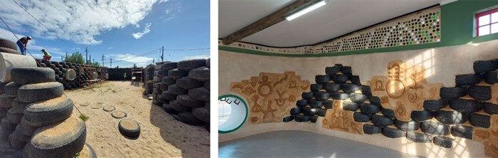 The new buildings will be constructed using sustainable building and circular economy principles, including rammed earth waste tyres from the Dunlop Ladysmith plant. Similar construction methods are pictured here at Cape Town’s Delft ECD Centre built by Natural Building Collective.
