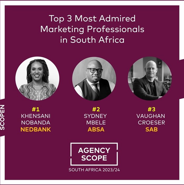 Image supplied. SA’s top three most admired marketing professionals according to Agency Scope 2023/2024 results