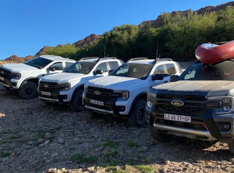 Wildtrak X's lined up at the Orange River after driving from the Tutwa Desert Lodge | Image credit: Imran Salie