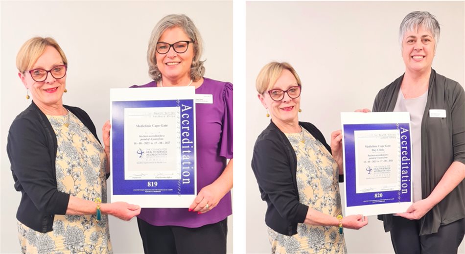 Jacqui Stewart hands the accreditation certificate to (left) Carol Defty, general hospital manager of Mediclinic Cape Gate and (right) to Mari Esterhuizen, general manager of the Mediclinic Cape Gate Day Clinic