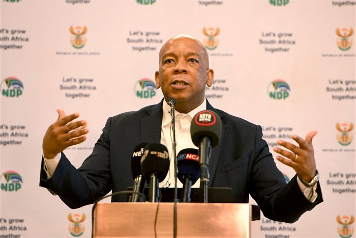 South African Minister of Electricity, Dr Kgosientsho Ramokgopa briefs the media on implementation of the Energy Action Plan, at Tshedimosetso House in Hatfield, Tshwane, South Africa, 26 September 2023. Jairus Mmutle/GCIS/Handout via Reuters/File photo