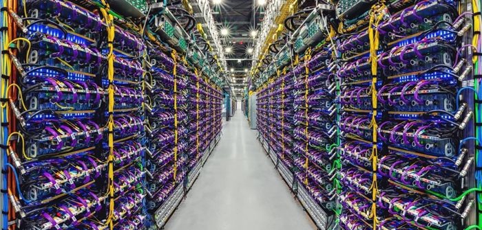 A row of Cloud TPU v5p AI accelerator supercomputers in a Google data centre.