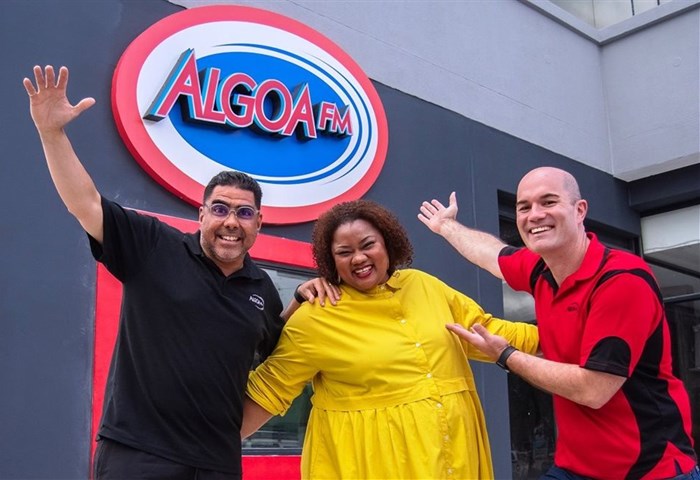 The Algoa FM breakfast team celebrates broadcasting from the new George studio – from the left Charlton Tobias, Lee Duru and Wayne Hart.