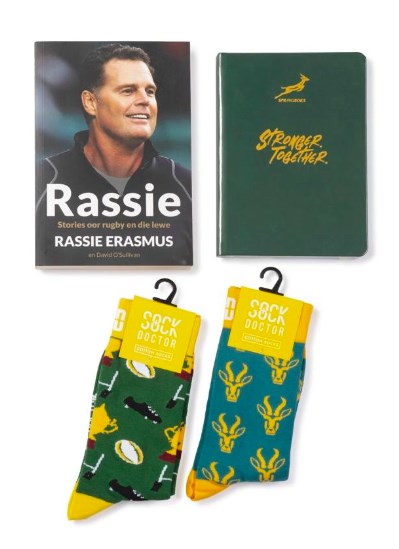 Rassie Autobiography, RSP R370.00 | Springbok Notebook, RSP R229.99 | Sock Doctor Rugby Socks, RSP R99.99 each. Available at selected PNA stores, while stocks last, prices may vary per store.
