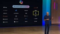 Microsoft CEO Satya Nadella mentions Autopilot Workflow Solutions as part of the Copilot ecosystem on stage at Microsoft Ignite.