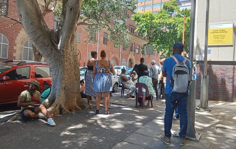 Queues of people trying to claim UIF and get help for other issues are almost a permanent feature outside the labour department offices in Cape Town. Photo: Qaqamba Falithenjwa