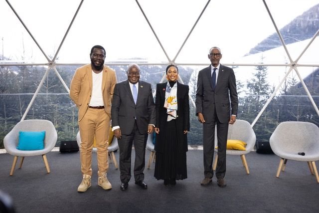 L to R: Kweku Mandela, Global Citizen Chief Vision Officer; H.E Nana Akufo-Addo; Global Citizen Ambassador, Nomzamo Mbatha; President Paul Kagame of Rwanda