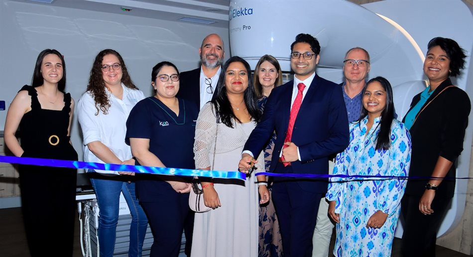 A first for sub-Saharan Africa: The Elekta Harmony Pro was unveiled with a ribbon-cutting at the Sandton Oncology Centre in Johannesburg by resident oncologists at the unit. From left to right (front) Ghita Bruwer, medical physicist, Icon Oncology; Johanet van Tonder, medical physicist, Icon Oncology; Ameera Heetun, lead radiotherapist, Sandton Oncology Centre, Dr Nirasha Chiranjan, oncologist; Lizl Page, regional business manager, Icon Oncology; Dr Sudeshen Naidoo, oncologist; Dr Shivona Moodley, oncologist; and Achal Sonbadhar, regional area manager, Icon Oncology. From left to right (back) Dr Ernst Marais, COO Icon Oncology; Lizl Page, regional business manager, Icon Oncology; and Dr Ingo de Mûelenaere, oncologist.