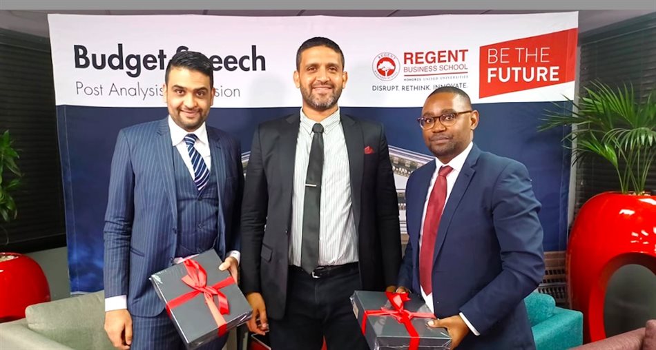 From left to right: Panellist, Nadir Thokan, head of investment consulting strategy at Alexforbes; Regent Business School’s dean, Dr Shahiem Patel; and panellist Kanyane S. Matlou, a senior portfolio manager at Terebinth Capital