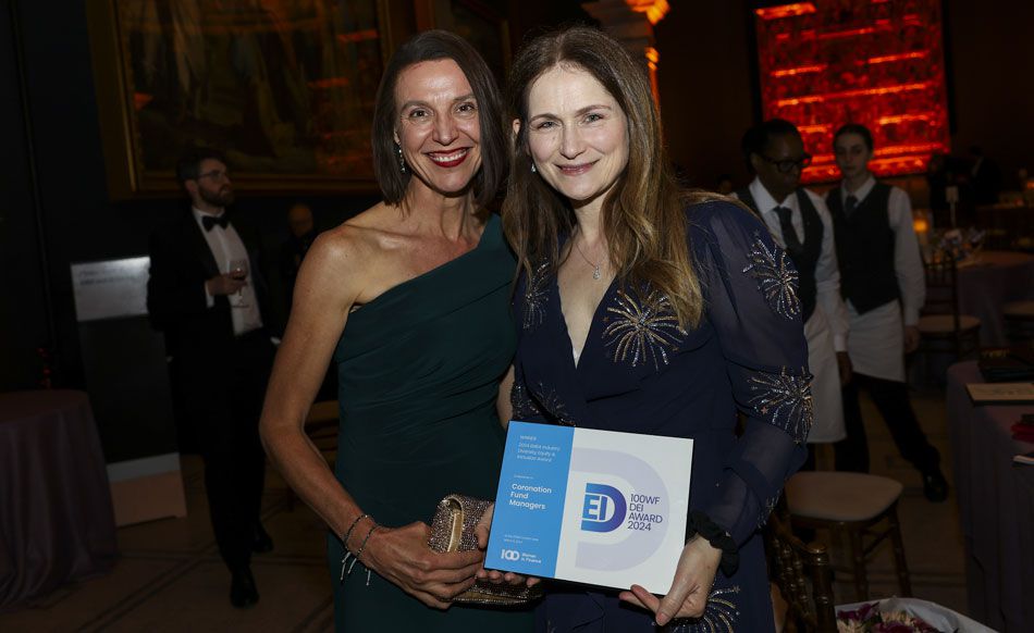 Almaree Kleinhans, Coronation general counsel, and Janice Johnstone of the 100WF SA Committee, receive the 100WF 2024 Award for women empowerment in the finance industry at a gala event in London.