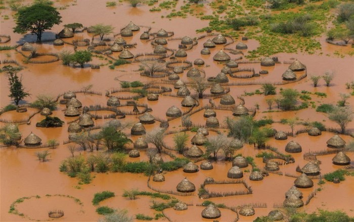 An aerial view shows a deserted and flooded traditional homestead following heavy rains in Garsen, Tana Delta within Tana River county, Kenya 23 November 2023. Reuters/Thomas Mukoya/File Photo