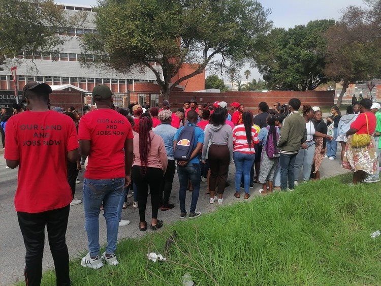 About 100 students picket outside the PE TVET College Russell campus on Thursday, 18 April. They have been picketing since March because of unpaid NSFAS allowances. Photos: Joseph Chirume