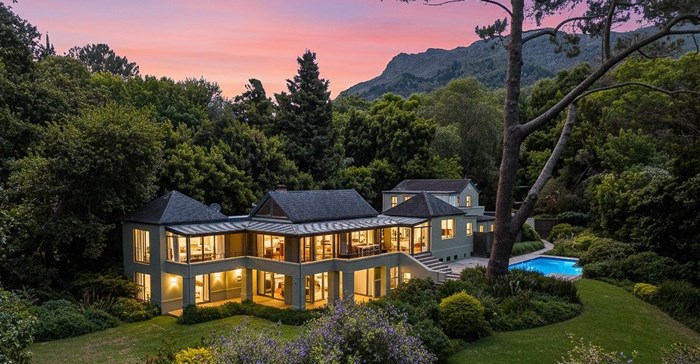 Source: Supplied. Constantia Upper, Hohenhort – R35m for this spectacular 4017m² estate with a luxury five-bedroom homestead with a wine cellar, upstairs apartment or teen pad/woror guest suit, accommodation, heated pool, multi-car garaging, two stables and a tack room for equestrian enthusiasts, and stunning mountain views.