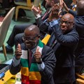 Source: Reuters/David 'Dee' Delgado. Zimbabwe's Minister of Foreign Affairs and International Trade Amon Murwira and the Zimbabwe's delegation celebrate after winning the election of non-permanent members of the United Nations Security Council at UN headquarters in New York City, US, Wednesday, 3 June 2026.