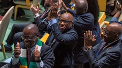 Source: Reuters/David 'Dee' Delgado. Zimbabwe's Minister of Foreign Affairs and International Trade Amon Murwira and the Zimbabwe's delegation celebrate after winning the election of non-permanent members of the United Nations Security Council at UN headquarters in New York City, US, Wednesday, 3 June 2026.