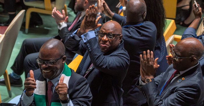 Source: Reuters/David 'Dee' Delgado. Zimbabwe's Minister of Foreign Affairs and International Trade Amon Murwira and the Zimbabwe's delegation celebrate after winning the election of non-permanent members of the United Nations Security Council at UN headquarters in New York City, US, Wednesday, 3 June 2026.