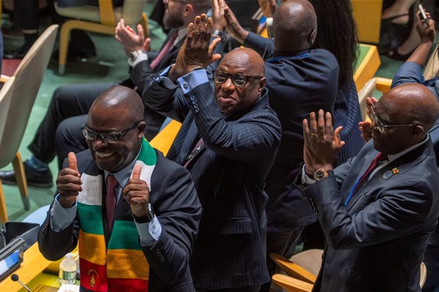 Source: Reuters/David 'Dee' Delgado. Zimbabwe's Minister of Foreign Affairs and International Trade Amon Murwira and the Zimbabwe's delegation celebrate after winning the election of non-permanent members of the United Nations Security Council at UN headquarters in New York City, US, Wednesday, 3 June 2026.