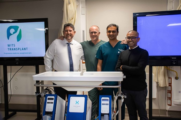 Left to right: Dr Bilal Bobat, Professor Jerome Loveland, Dr Sharan Rambarran and Dr Dinen Parbhoo — the transplant team at Wits Donald Gordon Medical Centre (WDGMC). Image supplied.