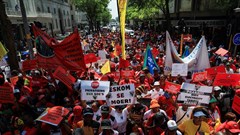 The Congress of South African Trade Unions (Cosatu) and affiliates walk through the street of Cape Town as they embark on a nationwide strike to mark World Day of Decent Work, in Cape Town, South Africa, 7 October 2024. Reuters/Esa Alexander/File Photo