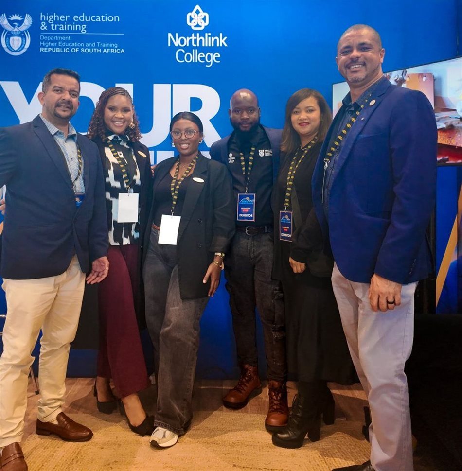 Northlink College representatives Mr Ranaldo Van Rooy, Ms Zinzo Nel, Ms Amanda Jali, Mr Mohale Manyana, Ms Cheslynn Johnson and Mr Damian September at the Exhibitors' Table during the Cape Town Business Summit & Expo at the CTICC, engaging with visitors and promoting the College's educational and training opportunities.
