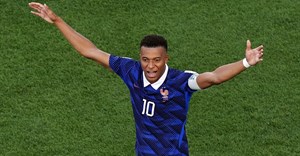 France's Kylian Mbappé celebrates scoring their first goal in the round-of-16 Fifa World Cup match between Paraguay and France. Image credit: Reuters/Kyle Ross