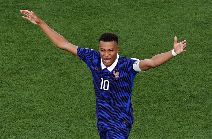 France's Kylian Mbappé celebrates scoring their first goal in the round-of-16 Fifa World Cup match between Paraguay and France. Image credit: Reuters/Kyle Ross
