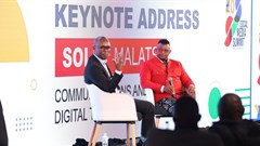 Minister of Communications and Digital Technologies, Solly Malatsi and Lorato Tshenkeng, founder and CEO of Decode. in conversation during the Social Media Summit for Government (Image supplied)