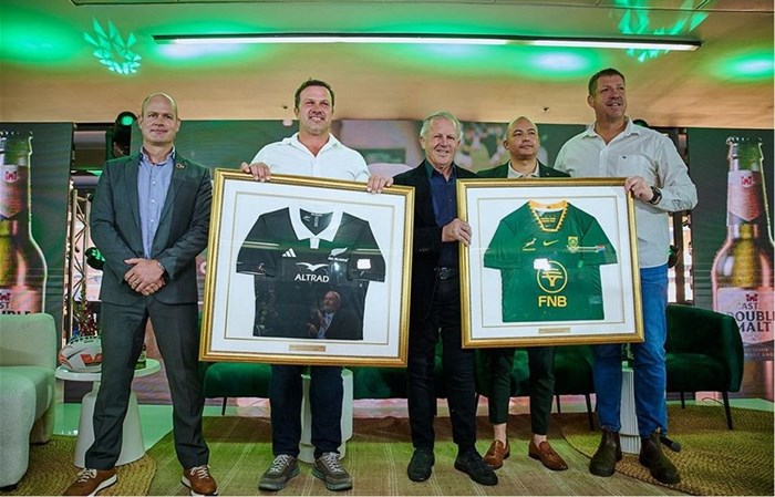 L to R: Vaughan Croeser, VP of Marketing at South Africa Breweries; Bismarck du Plessis (Springbok Legend); Sean Fitzpatrick (All Blacks Legend); Thomas Lawrence (Brand Director at Castle Double Malt) and Bakkies Botha (Springbok Legend). Image supplied