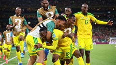 Bafana Bafana’s Thapelo Maseko, with teammates, celebrating scoring their first goal in the Fifa World Cup 2026 match against South Korea at the Estadio Monterrey in Monterrey, Mexico. Image credit: Reuters/Eloisa Sanchez