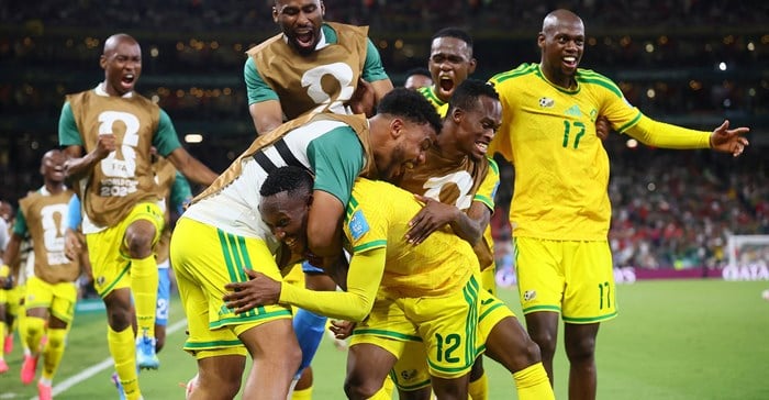 Bafana Bafana’s Thapelo Maseko, with teammates, celebrating scoring their first goal in the Fifa World Cup 2026 match against South Korea at the Estadio Monterrey in Monterrey, Mexico. Image credit: Reuters/Eloisa Sanchez