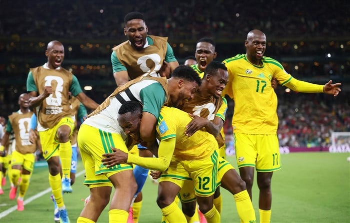 Bafana Bafana’s Thapelo Maseko, with teammates, celebrating scoring their first goal in the Fifa World Cup 2026 match against South Korea at the Estadio Monterrey in Monterrey, Mexico. Image credit: Reuters/Eloisa Sanchez