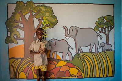 Colourful wall mural painted by school children at Linda South Basic School during Trees for Zambia 2013