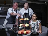 The Maslow Hotel’s Executive Chef Dallas Orr (left) and Sous Chef, Adrian Vaughn, Rolene Strauss, Miss SA 2014